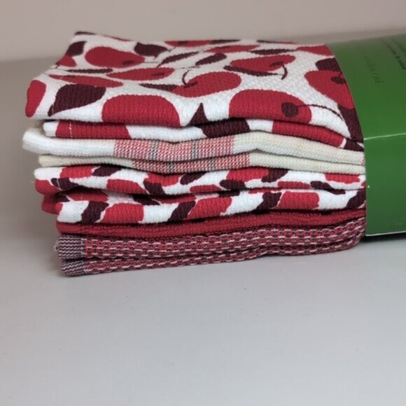 KATE SPADE Kitchen Towel Set 5 Pairs Dish Towels Cherry Plaid Chevron Print Red - Picture 8 of 13